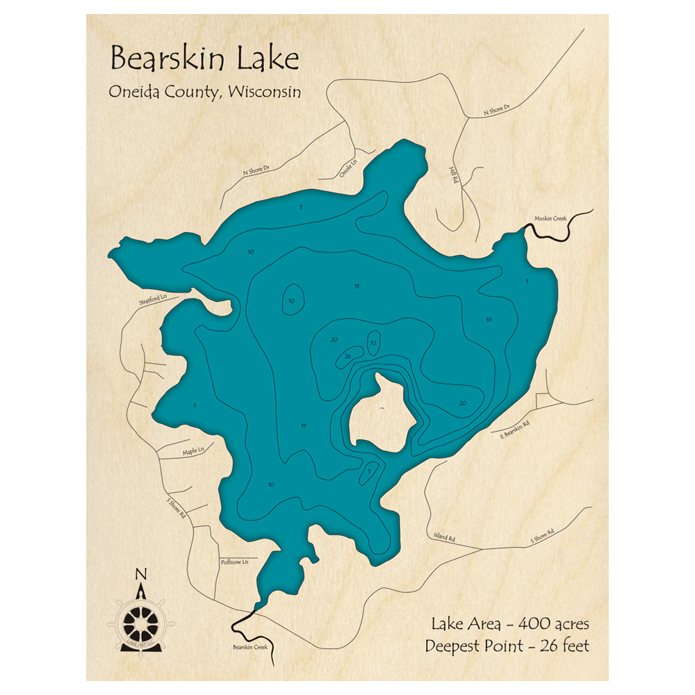 Bathymetric topo map of Bearskin Lake, WI with roads, towns and depths noted in blue water.