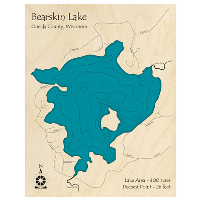Bathymetric topo map of Bearskin Lake, WI with roads, towns and depths noted in blue water.