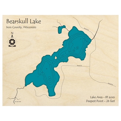 Bathymetric topo map of Bearskull Lake, WI with roads, towns and depths noted in blue water.