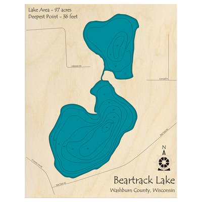 Bathymetric topo map of Beartrack Lake, WI with roads, towns and depths noted in blue water.