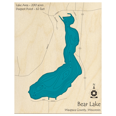 Bathymetric topo map of Bear Lake, WI with roads, towns and depths noted in blue water.