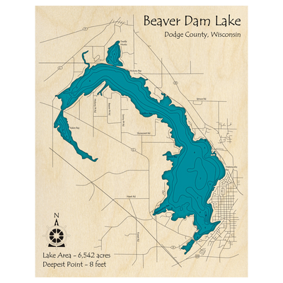 Bathymetric topo map of Beaver Dam Lake, WI with roads, towns and depths noted in blue water.