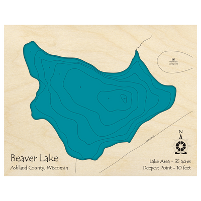 Bathymetric topo map of Beaver Lake, WI with roads, towns and depths noted in blue water.