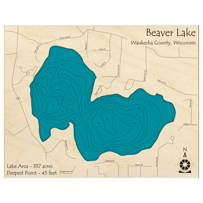 Bathymetric topo map of Beaver Lake, WI with roads, towns and depths noted in blue water.