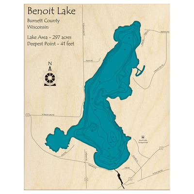 Bathymetric topo map of Benoit Lake, WI with roads, towns and depths noted in blue water.