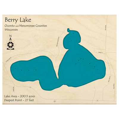Bathymetric topo map of Berry Lake, WI with roads, towns and depths noted in blue water.