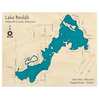 Bathymetric topo map of Lake Beulah, WI with roads, towns and depths noted in blue water.