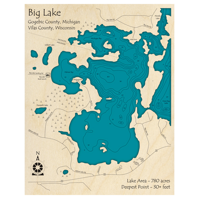 Bathymetric topo map of Big Lake, WI with roads, towns and depths noted in blue water.