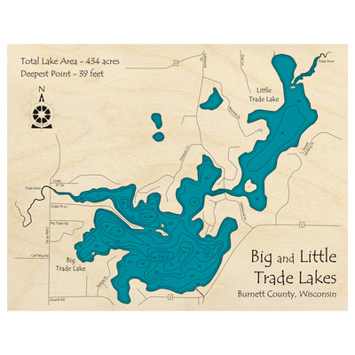 Bathymetric topo map of Trade Lake, WI with roads, towns and depths noted in blue water.