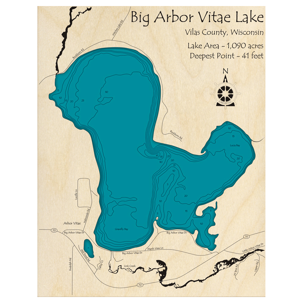 Bathymetric topo map of Big Arbor Vitae Lake, WI with roads, towns and depths noted in blue water.