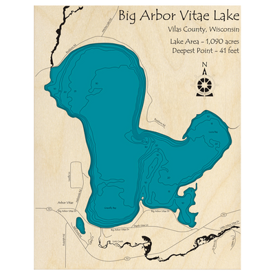 Bathymetric topo map of Big Arbor Vitae Lake, WI with roads, towns and depths noted in blue water.