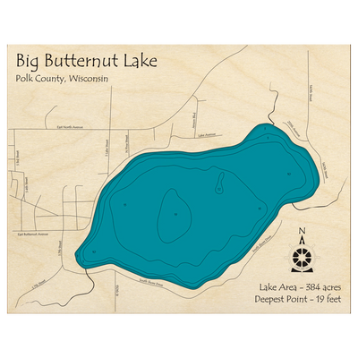 Bathymetric topo map of Big Butternut Lake, WI with roads, towns and depths noted in blue water.