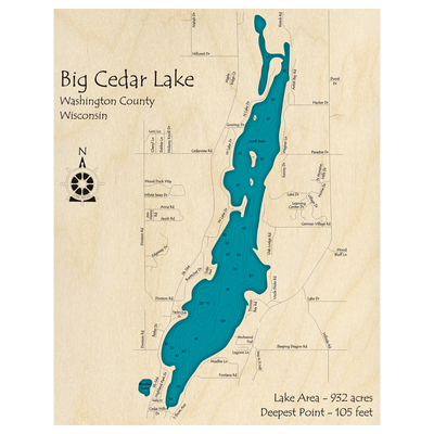 Bathymetric topo map of Big Cedar Lake, WI with roads, towns and depths noted in blue water.