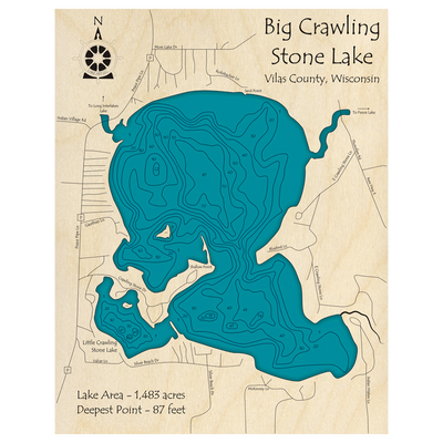 Bathymetric topo map of Big Crawling Stone Lake, WI with roads, towns and depths noted in blue water.