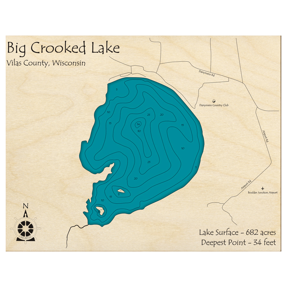 Bathymetric topo map of Big Crooked Lake, WI with roads, towns and depths noted in blue water.