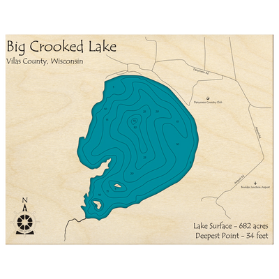 Bathymetric topo map of Big Crooked Lake, WI with roads, towns and depths noted in blue water.
