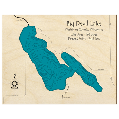 Bathymetric topo map of Big Devil Lake, WI with roads, towns and depths noted in blue water.