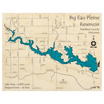 Bathymetric topo map of Big Eau Pleine Reservoir, WI with roads, towns and depths noted in blue water.