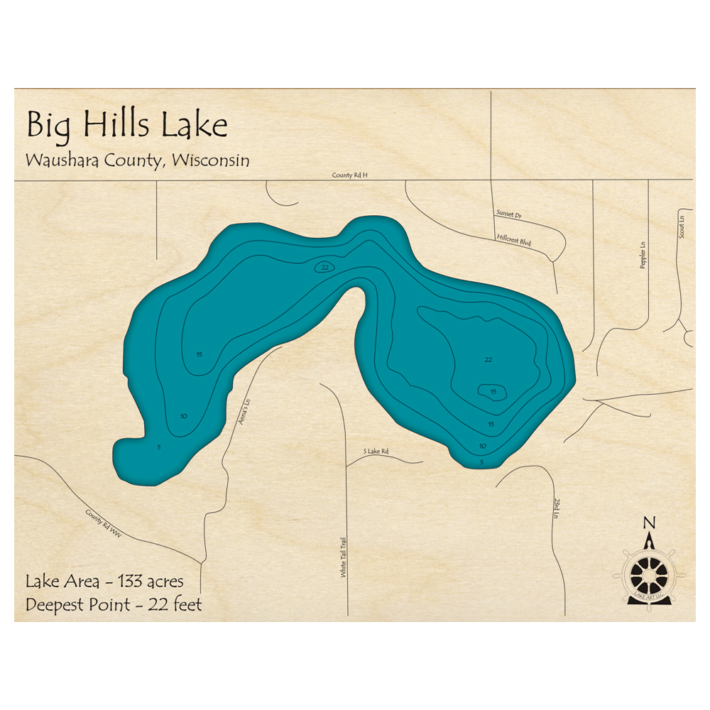 Bathymetric topo map of Big Hills Lake, WI with roads, towns and depths noted in blue water.
