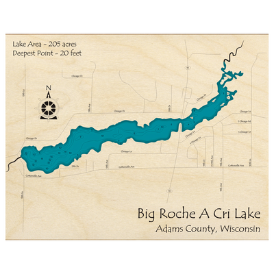 Bathymetric topo map of Big Roche a Cri Lake, WI with roads, towns and depths noted in blue water.