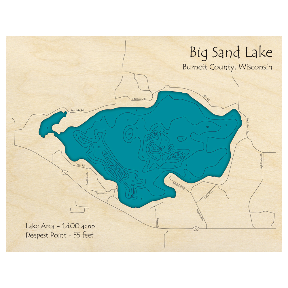 Bathymetric topo map of Big Sand Lake, WI with roads, towns and depths noted in blue water.