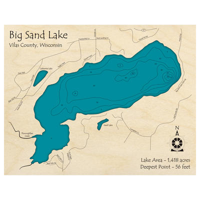 Bathymetric topo map of Big Sand Lake, WI with roads, towns and depths noted in blue water.
