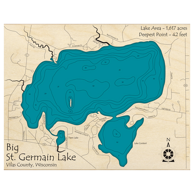 Bathymetric topo map of St Germain Lake, WI with roads, towns and depths noted in blue water.