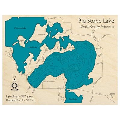 Bathymetric topo map of Big Stone Lake, WI with roads, towns and depths noted in blue water.
