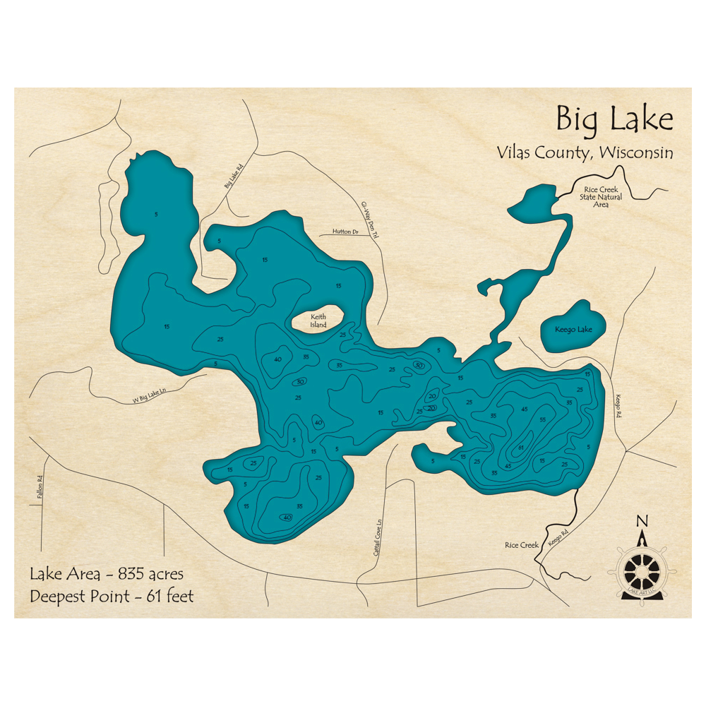 Bathymetric topo map of Big Lake, WI with roads, towns and depths noted in blue water.