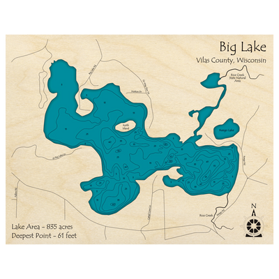 Bathymetric topo map of Big Lake, WI with roads, towns and depths noted in blue water.