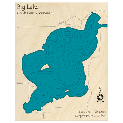 Bathymetric topo map of Big Lake, WI with roads, towns and depths noted in blue water.