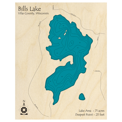 Bathymetric topo map of Bills Lake, WI with roads, towns and depths noted in blue water.