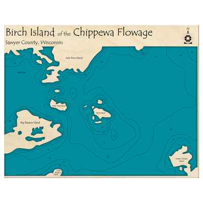 Bathymetric topo map of Birch Island of the Chippewa Flowage, WI with roads, towns and depths noted in blue water.