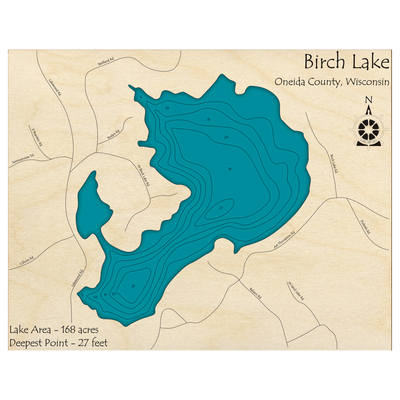 Bathymetric topo map of Birch Lake, WI with roads, towns and depths noted in blue water.