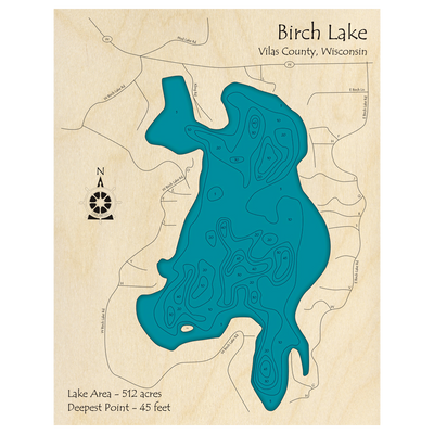 Bathymetric topo map of Birch Lake, WI with roads, towns and depths noted in blue water.