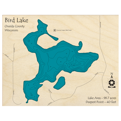 Bathymetric topo map of Bird Lake, WI with roads, towns and depths noted in blue water.