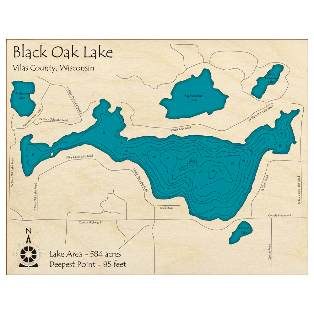 Bathymetric topo map of Black Oak Lake, WI with roads, towns and depths noted in blue water.