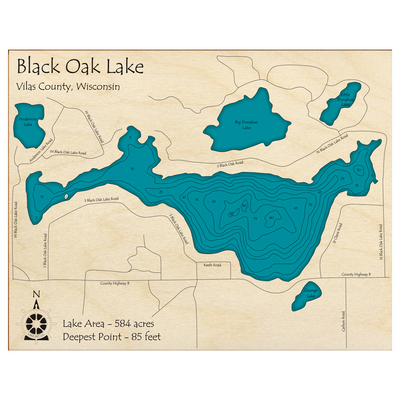 Bathymetric topo map of Black Oak Lake, WI with roads, towns and depths noted in blue water.