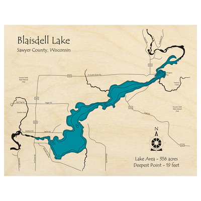 Bathymetric topo map of Blaisdell Lake, WI with roads, towns and depths noted in blue water.