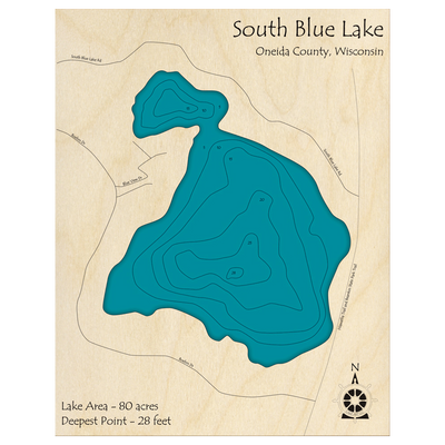 Bathymetric topo map of South Blue Lake, WI with roads, towns and depths noted in blue water.