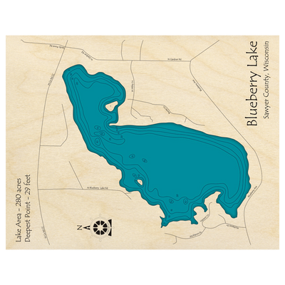 Bathymetric topo map of Blueberry Lake, WI with roads, towns and depths noted in blue water.