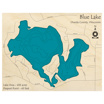 Bathymetric topo map of Blue Lake, WI with roads, towns and depths noted in blue water.