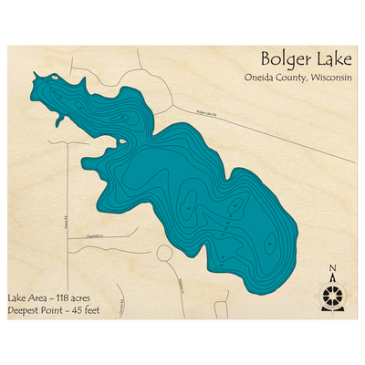 Bathymetric topo map of Bolger Lake, WI with roads, towns and depths noted in blue water.
