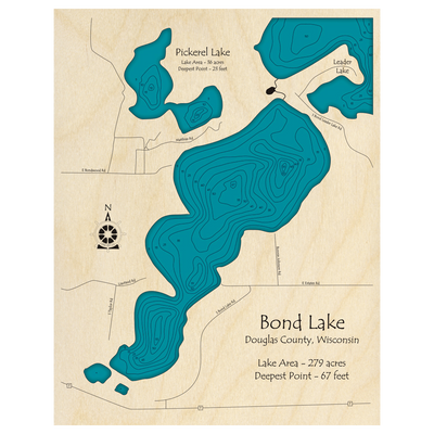 Bathymetric topo map of Bond Lake and Pickerel Lake, WI with roads, towns and depths noted in blue water.