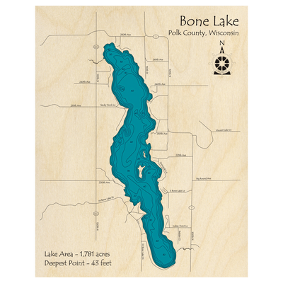 Bathymetric topo map of Bone Lake, WI with roads, towns and depths noted in blue water.