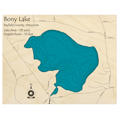 Bathymetric topo map of Bony Lake, WI with roads, towns and depths noted in blue water.
