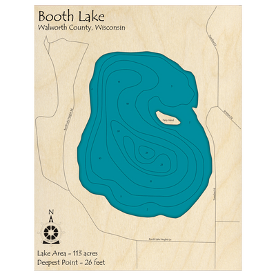 Bathymetric topo map of Booth Lake, WI with roads, towns and depths noted in blue water.