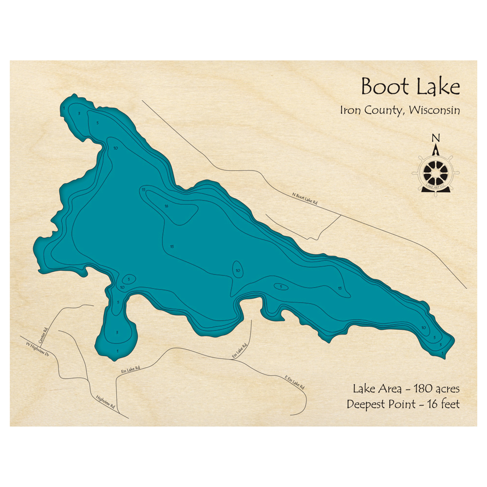 Bathymetric topo map of Boot Lake, WI with roads, towns and depths noted in blue water.