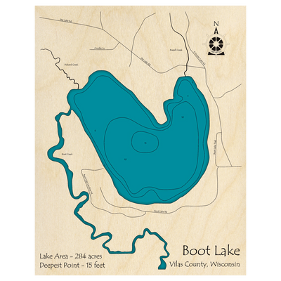 Bathymetric topo map of Boot Lake, WI with roads, towns and depths noted in blue water.