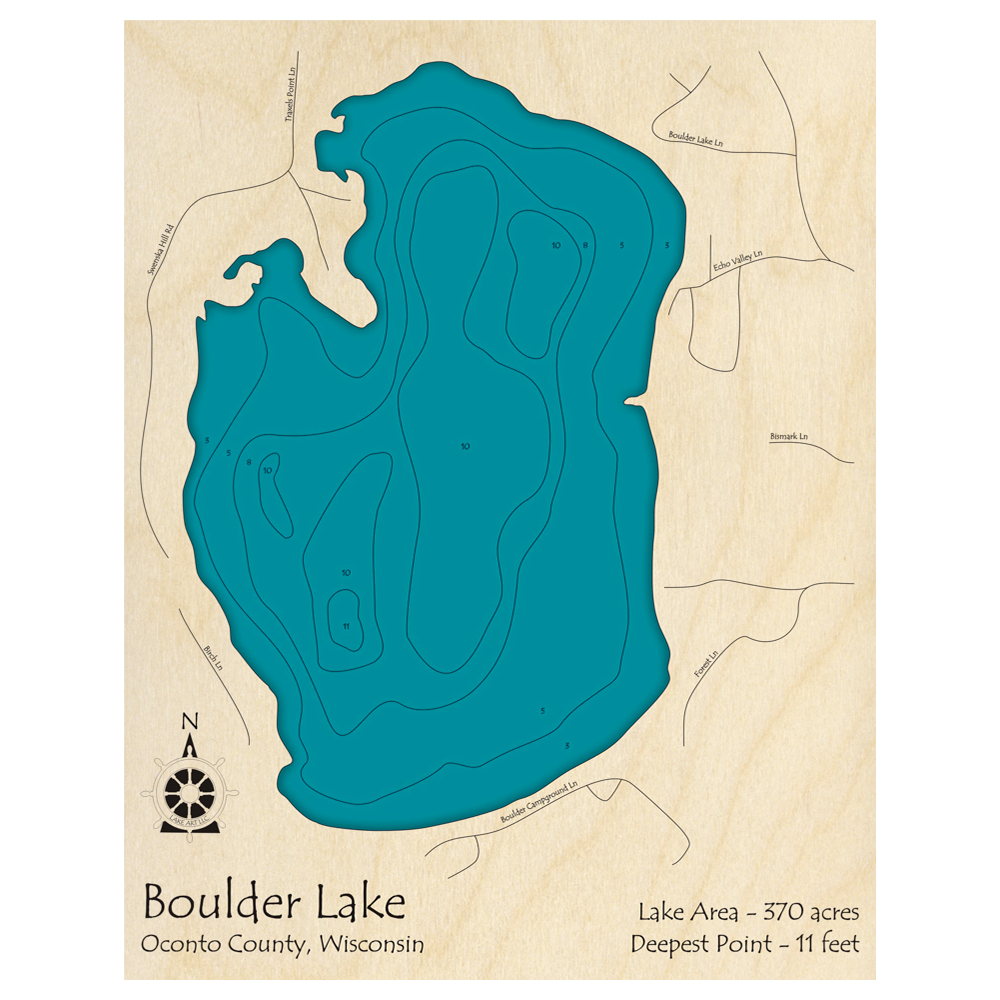 Bathymetric topo map of Boulder Lake, WI with roads, towns and depths noted in blue water.
